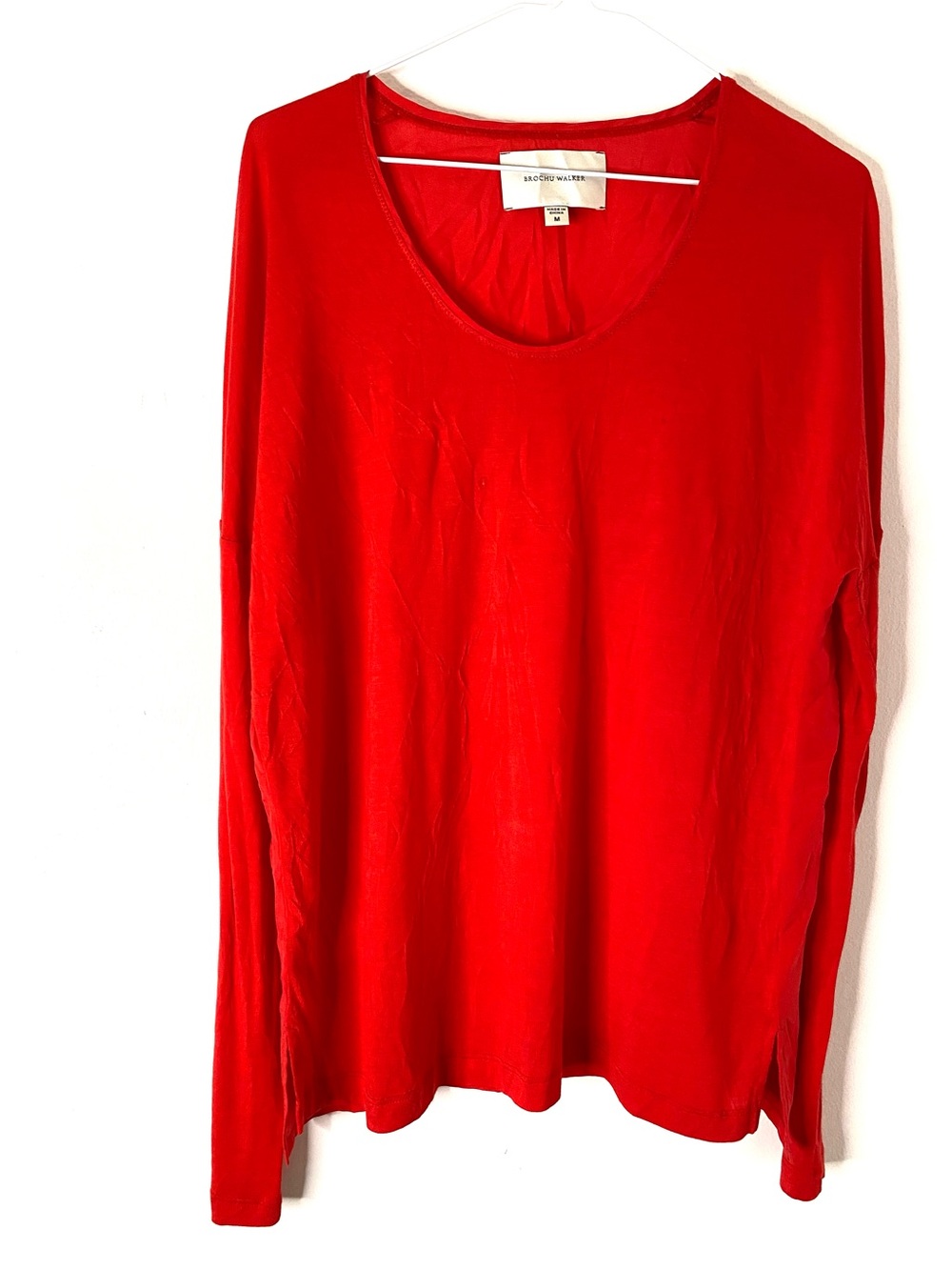 Brochu Walker Red 100% Silk Combo Long Sleeve Draped Top Scoop Neck